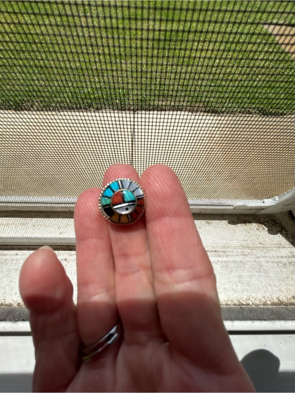 Multi-Stone Inlay Round Button ring Turquoise, Coral, Onyx